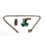 A silver chain with bolt clasp, 45cmL; together with a sterling silver and enamel shamrock cufflink;