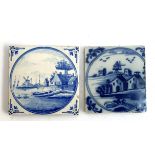 Two 18th/19th century Dutch Delft tiles of village scenes, one with sailing boats & barge