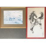 An ink wash Chinese study of horse; together with one other