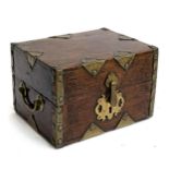 An oak and brass bound Coffre-fort style box with twin loop handles, 23x17x15cmH