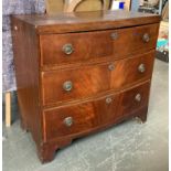 A small mahogany and satinwood banded bowfront chest of three drawers, c.1830, on bracket feet,