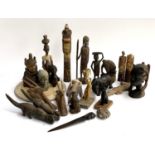 A quantity of carved wooden African figures, busts, etc, some soapstone, crocodiles, etc