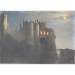 J Adams, moonlight castle, oil on artists board, signed and dated 1906 lower right, 30.5x46cm