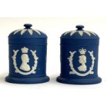 A pair of Wedgwood royal blue Jasperware lidded canisters, to commemorate the 1953 coronation, 11cmH