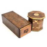 A wooden filing drawer, together with a brass bound octagonal box with hinged lid, 20cmW