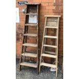 Two vintage wooden stepladders, approx. 180cmH and 150cmH