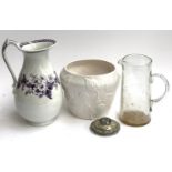 An Osbourne transferware wash jug, 29cmH; ceramic planter and a glass water jug (3)