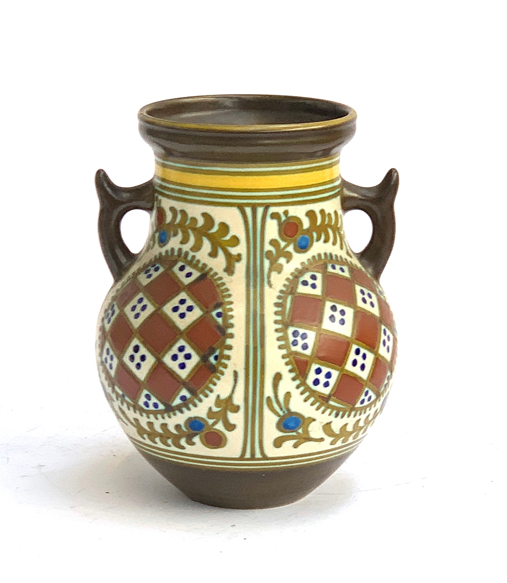 A Dutch Gouda pottery vase, marked to base and numbered M.315, 20cmH