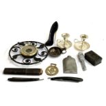 A mixed lot to include English pewter hip flask, plated candlestick holders, Shakespeare nutcracker,