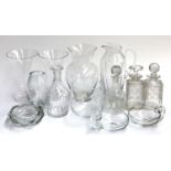 A mixed lot of glassware to include Baccarat decanter; several other decanters; bonbon dish etc