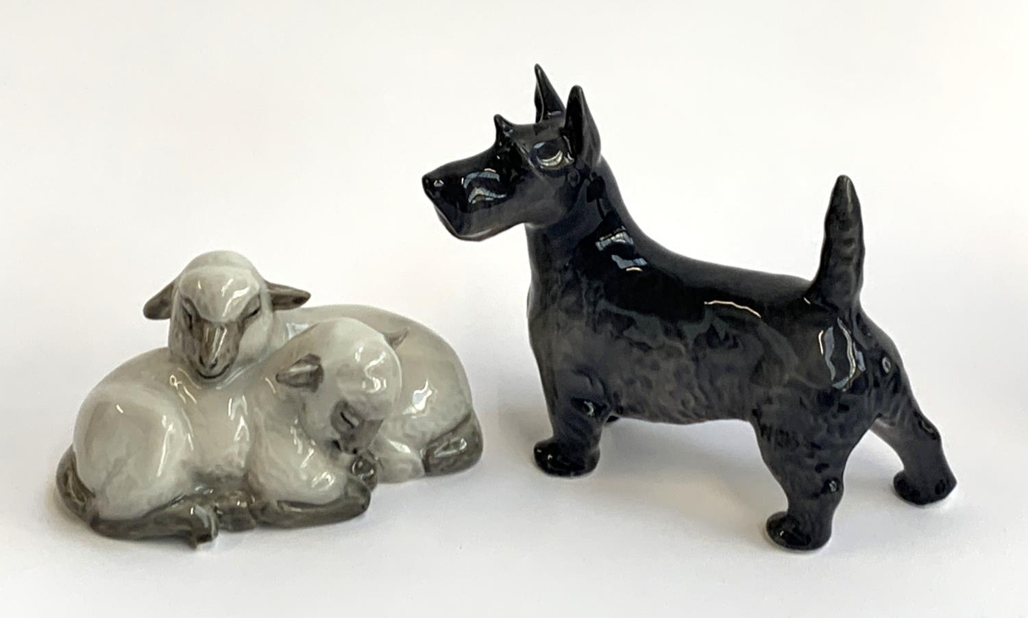 Two Royal Copenhagen figurines, Pair of Lambs no. 2679, Scottie Dog no. 3161
