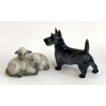 Two Royal Copenhagen figurines, Pair of Lambs no. 2679, Scottie Dog no. 3161