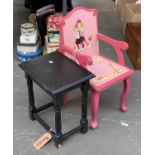 A pink painted child's chair and a joint stool