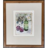 20th century English School, still life with putti, bottle and fruit, watercolour, initialled SNP,