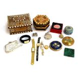 A mixed lot to include jewellery boxes; vintage compacts; Omega lighter; watches including a Swatch,