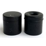 A treen ebony string box, together with one other similar treen screw top canister