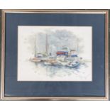 20th century British, boats in the harbour, gouache on paper, signed and dated 1986 lower right,