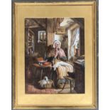 19th Century, watercolour, woman sewing in a cottage with her cat, initialled H L D, 1870, 64x49cm
