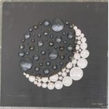 Dolores Gage, mixed media, applied ceramic on board, crescent moon, signed and dated 2017 lower