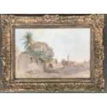 An Orientalist watercolour of a mosque within a Levantine landscape, 26x39cm Bears stamp to verso