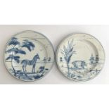 Two Isis Ceramics late 20th century blue & white Delft-style 'Exotic Animal' plates made for Colefax