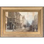 Alfred Leyman (1856-1933), watercolour, Exeter High Street and Guildhall after a shower of rain,