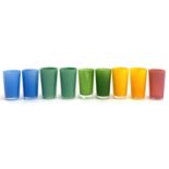 A set of nine coloured glass shot glasses, each approx. 5cmH