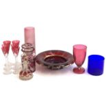 A small lot of mostly cranberry glass to include a set of 6 cordial glasses, rummer decorated in