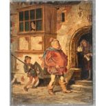 19th century oil on mahogany panel, Falstaff and his page, inscribed G Roberts to verso, 39x30.5cm