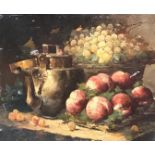 A 19th century still life of kettle, grapes and peaches, oil on canvas, 38x46cm