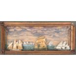 A late 19th century diorama of boats at sea, watercolour over engraving, the frame 66.5x29cm