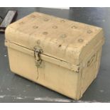 A pale yellow painted metal travel trunk, 61cmW; together with a further metal storage box, 64cmW
