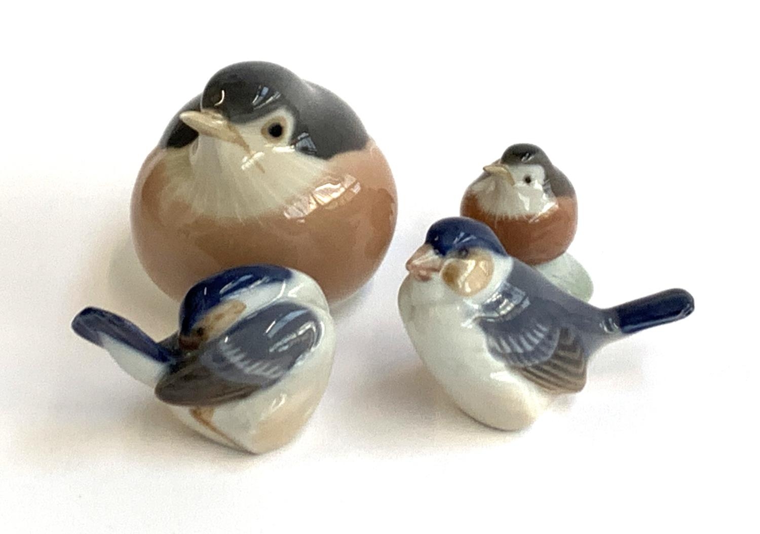 Four Royal Copenhagen figurines, Robin no. 2266, Robin no. 2238, Finch no. 1040, Finch no. 1041