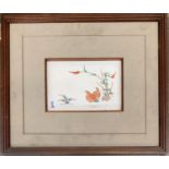 A small Japanese painting on porcelain, depicting songbirds and bullrush, 11x16cm