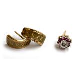 A pair of 9ct gold earrings; together with a single 9ct earring set with rubies and a