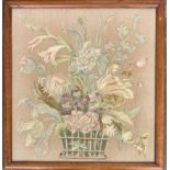 A silkwork depicting two fancy birds, 49x39cm, together with another of flowers, 37x34cm (2)
