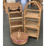 Two bamboo whatnots, and two wicker baskets