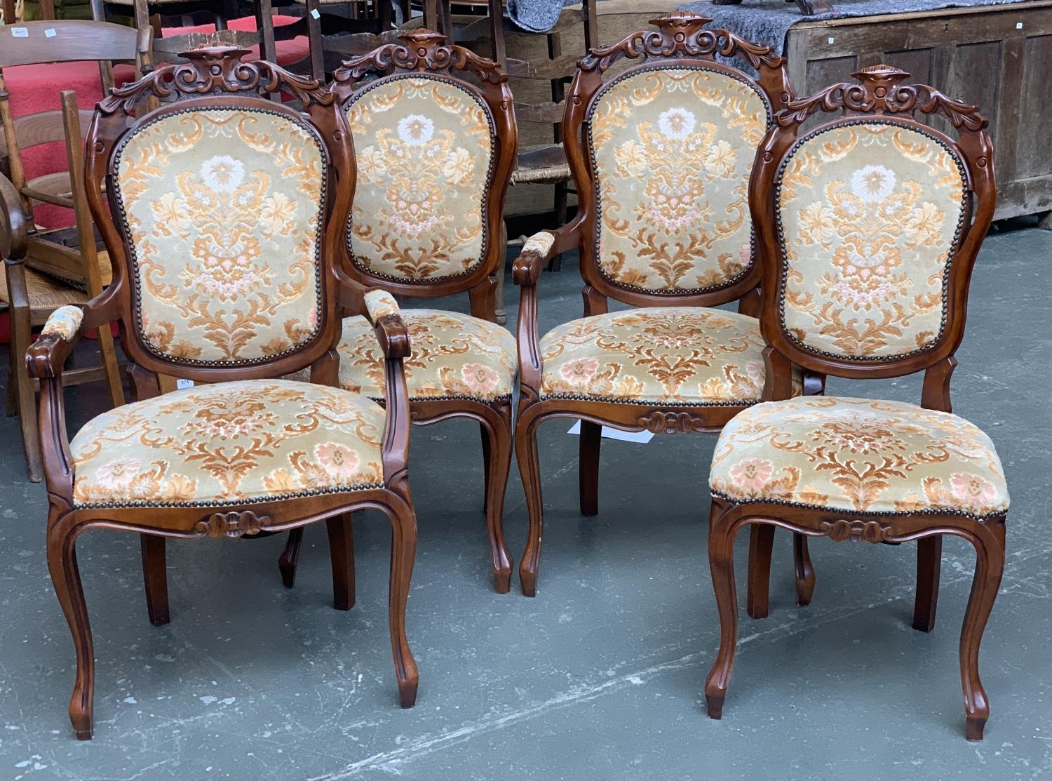 A set of four modern upholstered dining chairs; together with a small ash rush seated occasional