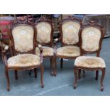 A set of four modern upholstered dining chairs; together with a small ash rush seated occasional