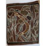 An Aboriginal painting on bark depicting a snake and bird amongst foliage, approx. 38x28.5cm