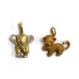 A 9ct gold cat pendant, 2.5cmW; together with a 9ct gold elephant pendant, 2cmW, total weight appro