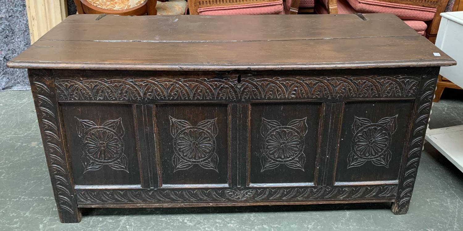 An 18th century four panel oak coffer, with demilune frieze, 130x150x160cm