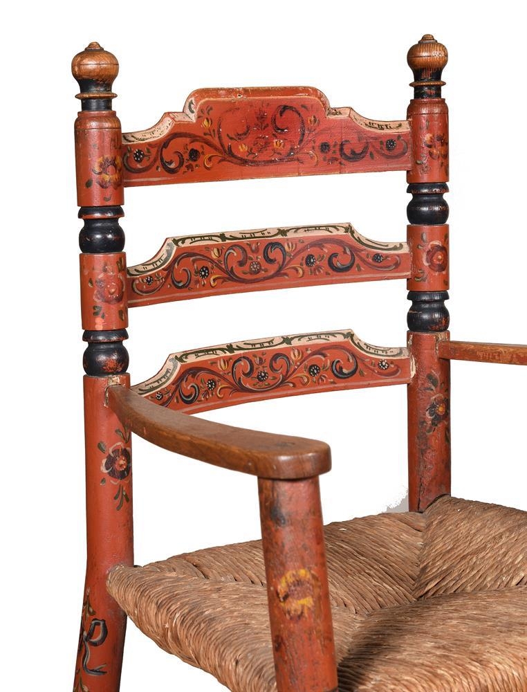 A pair of Scandinavian red and polychrome painted side chairs, mid 19th century, probably ash, - Image 2 of 3