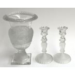A pair of Lalique style candlesticks with Hecate form columns; and a matching Bohemia frosted glass