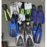 Seven pairs of flippers to include slingshot, seac sub, mares, aqua lung