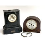 A slate mantel clock with key, 32cmH, together with a domed oak Enfield mantel clock, 22cmH
