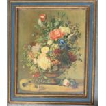 After Anton Weiss, a large oleograph print on canvas of a floral still life, 70x56cm