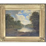 A late 19th century oil on board, lake with folly in the distance, 32x41cm
