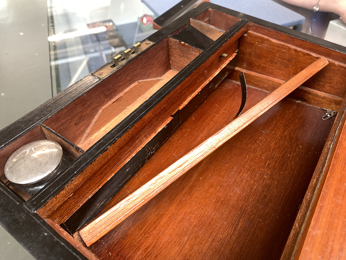 A 19th century walnut and brass bound writing box, fitted interior with key and inkwells present, - Image 3 of 3