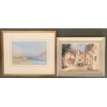 20th century watercolour of a continental street, 17x36cm, together with one other of an alpine